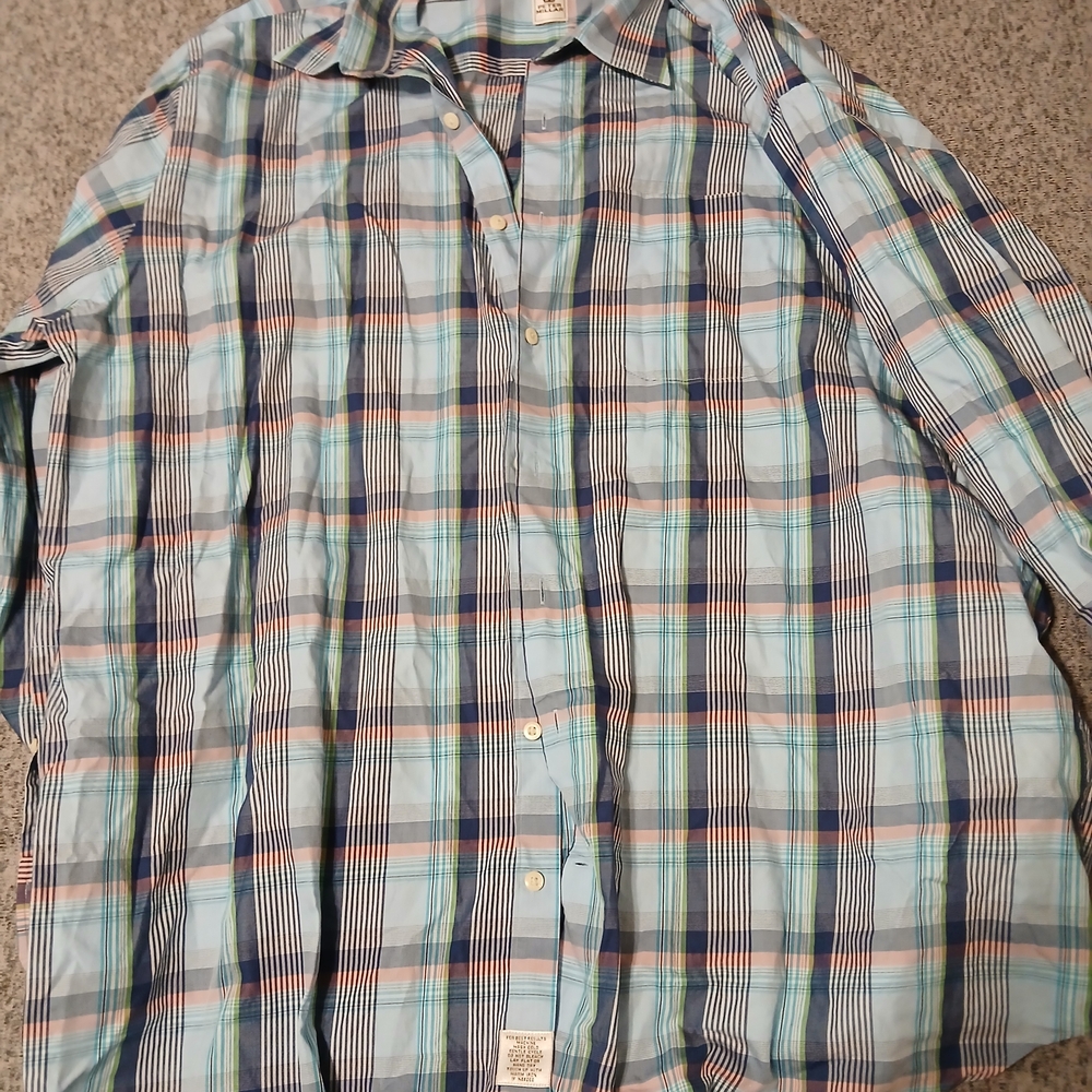 Peter Millar Light Blue Plaid Button-Down Shirt with Navy and Coral Stripes
